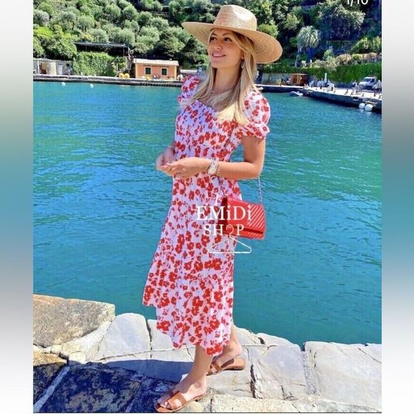 ZARA Floral Print Puff Sleeve Summer Midi Dress - Picture 6 of 14